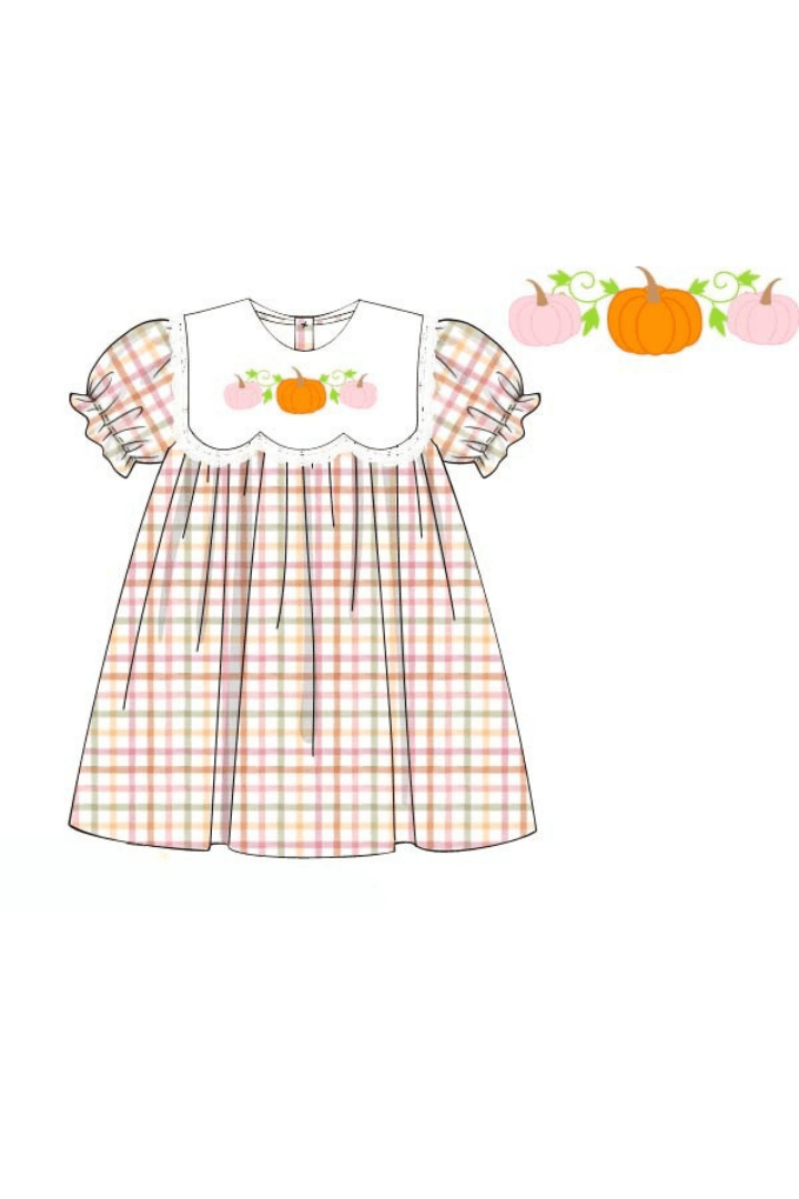 The Smocked Flamingo Apparel & Accessories Pre-Order Embroidered Plaid Pumpkin Dress