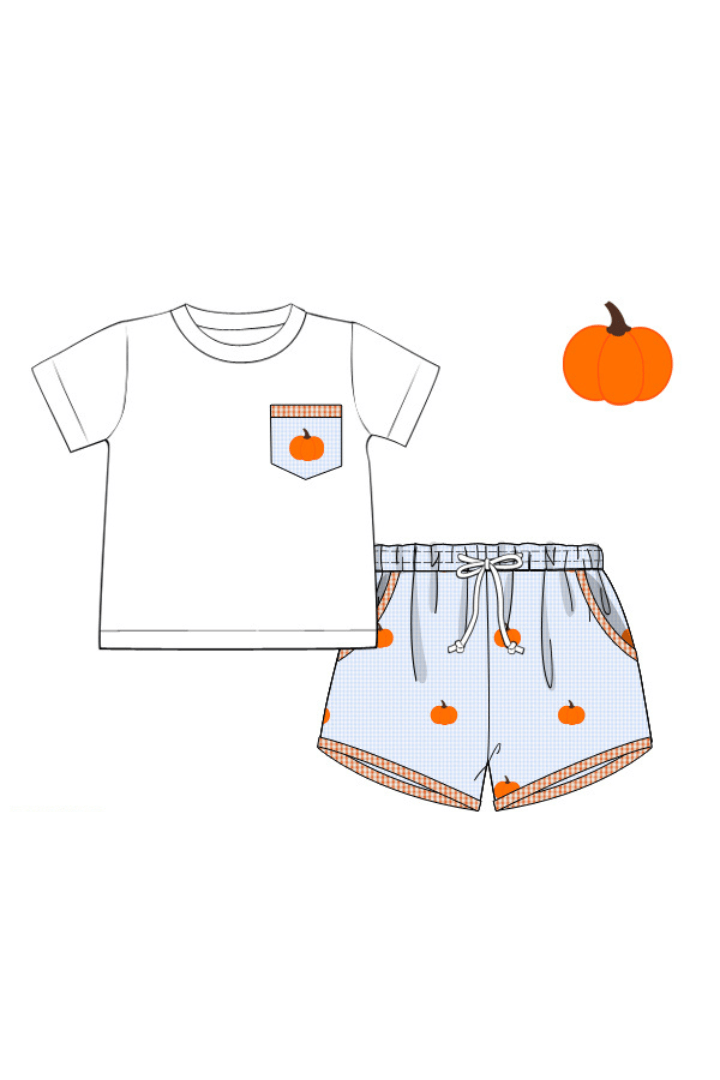 The Smocked Flamingo Apparel & Accessories Pre-Order Embroidered Pumpkin Blue Gingham Short Set
