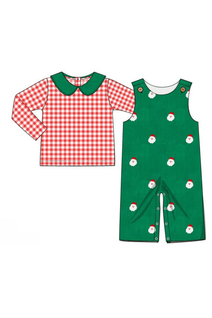 The Smocked Flamingo Apparel & Accessories Pre-Order Embroidered Santa Green Corduroy 2pc Longall Set