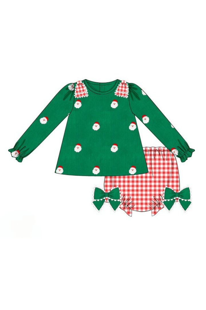 The Smocked Flamingo Apparel & Accessories Pre-Order Embroidered Santa Green Corduroy Bow Bloomer Set