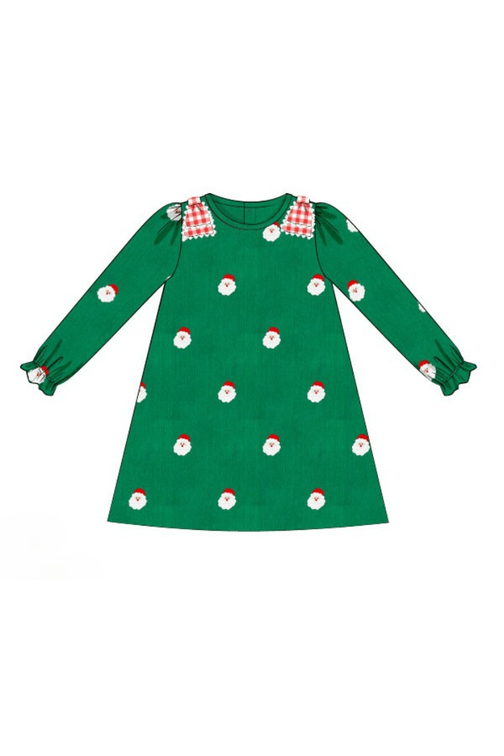The Smocked Flamingo Apparel & Accessories Pre-Order Embroidered Santa Green Corduroy Bow Dress
