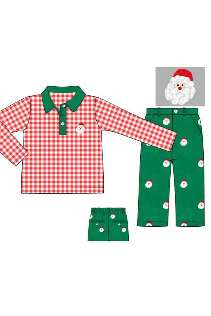 The Smocked Flamingo Apparel & Accessories Pre-Order Embroidered Santa Green Corduroy Pant Set