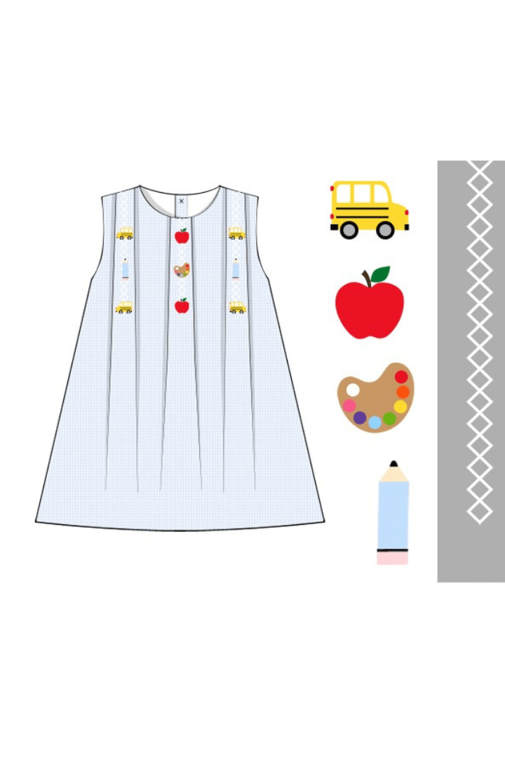 The Smocked Flamingo Apparel & Accessories Pre-Order Embroidered School Days Blue Gingham Dress