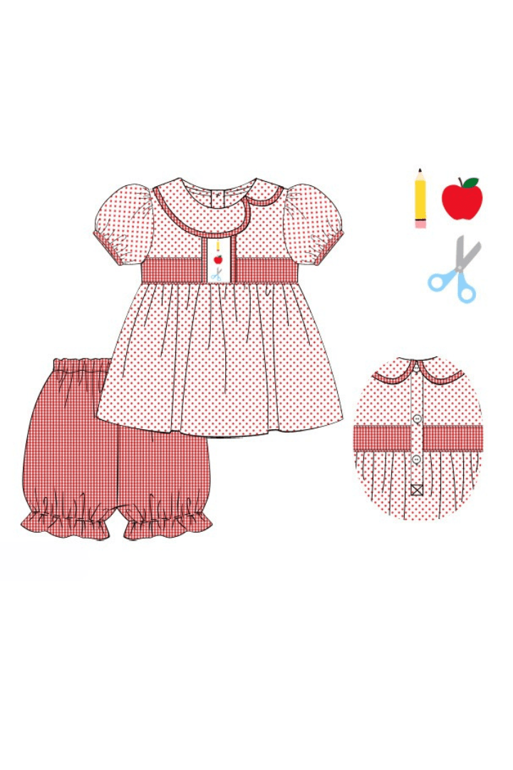 The Smocked Flamingo Apparel & Accessories Pre-Order Embroidered School Supplies Red Bitty Dot Bloomer Set