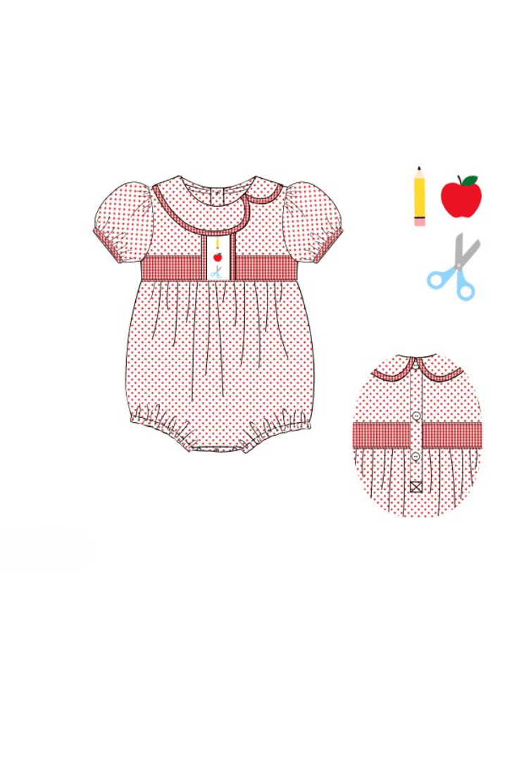 The Smocked Flamingo Apparel & Accessories Pre-Order Embroidered School Supplies Red Bitty Dot Bubble