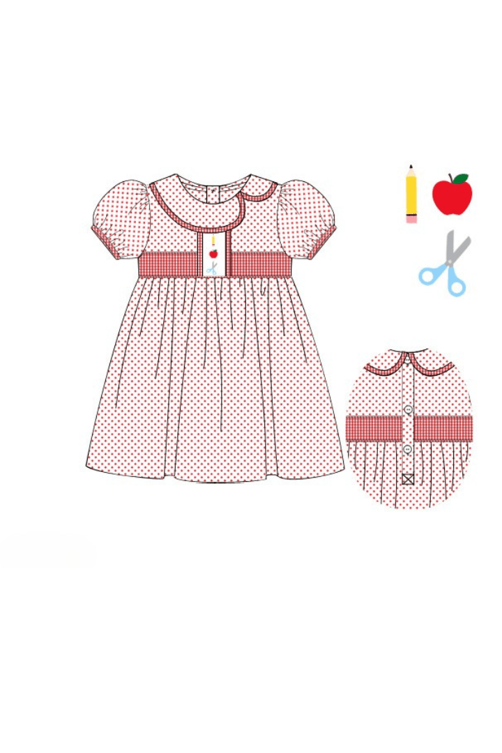 The Smocked Flamingo Apparel & Accessories Pre-Order Embroidered School Supplies Red Bitty Dot Dress