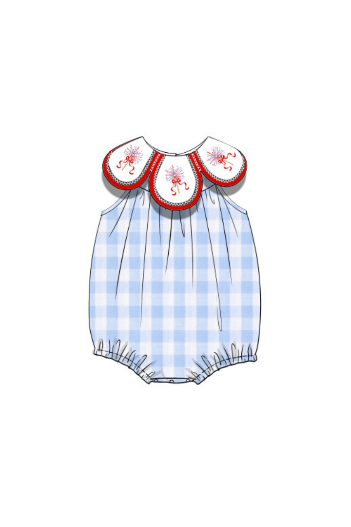 The Smocked Flamingo Apparel & Accessories Pre-Order Embroidered Sparkler Blue Gingham Tulip Bubble