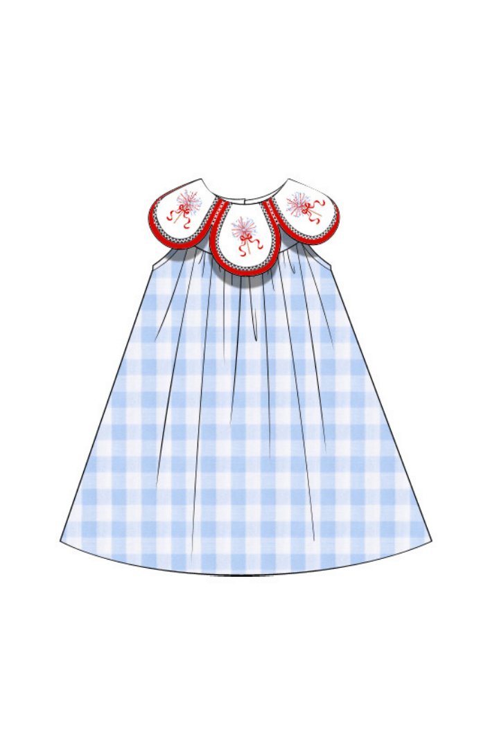 The Smocked Flamingo Apparel & Accessories Pre-Order Embroidered Sparkler Blue Gingham Tulip Dress