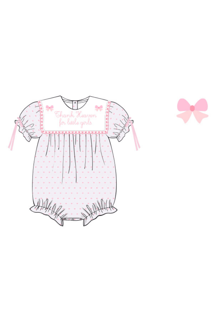 The Smocked Flamingo Apparel & Accessories Pre-Order Embroidered Thank Heavens for Little Girls Pink Swiss Dot Bubble