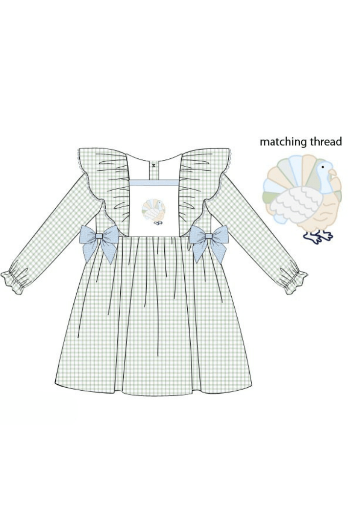 The Smocked Flamingo Apparel & Accessories Pre-Order Embroidered Turkey Sage Windowpane/Blue Linen Bow Dress