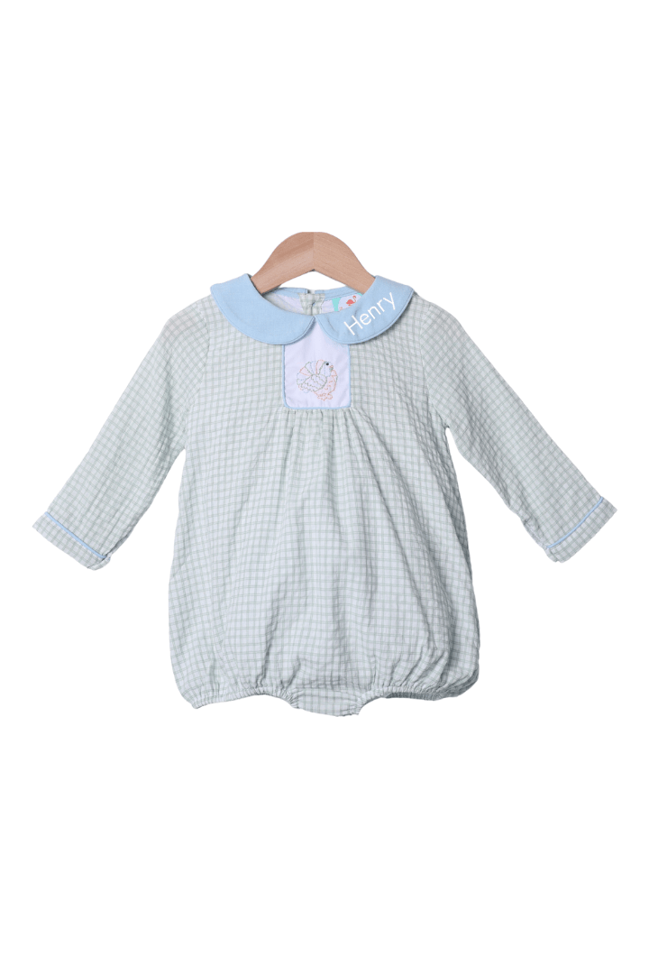 The Smocked Flamingo Apparel & Accessories Pre-Order Embroidered Turkey Sage Windowpane/Blue Linen Bubble