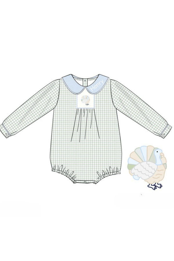 The Smocked Flamingo Apparel & Accessories Pre-Order Embroidered Turkey Sage Windowpane/Blue Linen Bubble