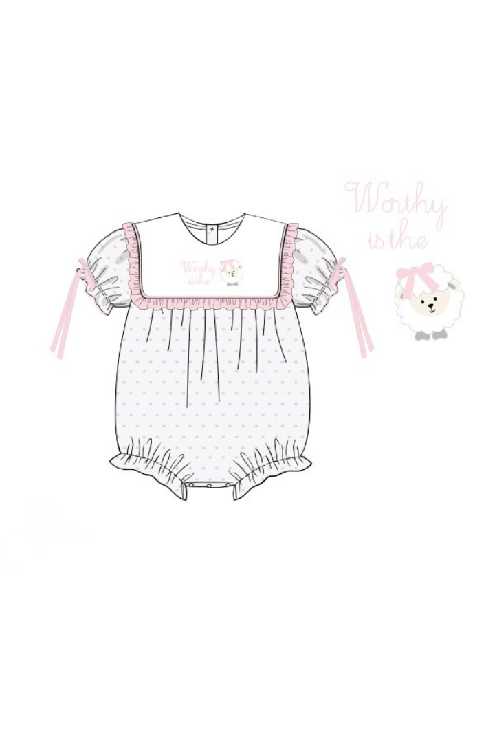 The Smocked Flamingo Apparel & Accessories Pre-Order Embroidered Worthy IS the Lamb Swiss Dot Bubble