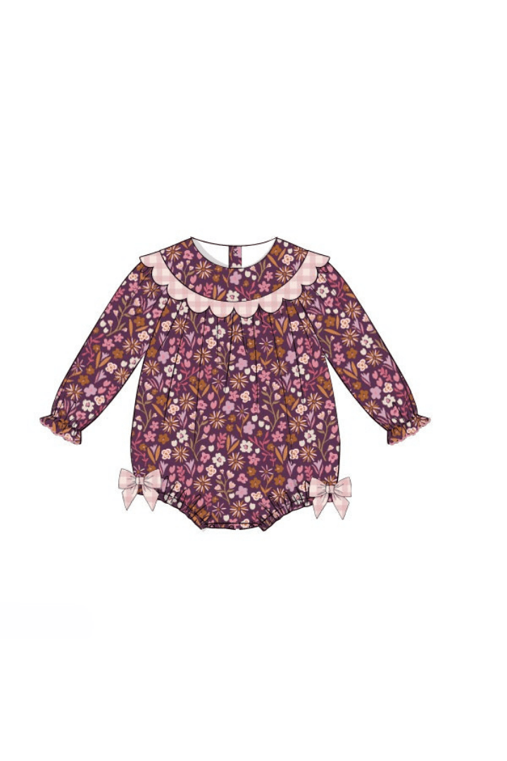 The Smocked Flamingo Apparel & Accessories Pre-Order Fall Floral Maroon Scalloped Gingham Bubble