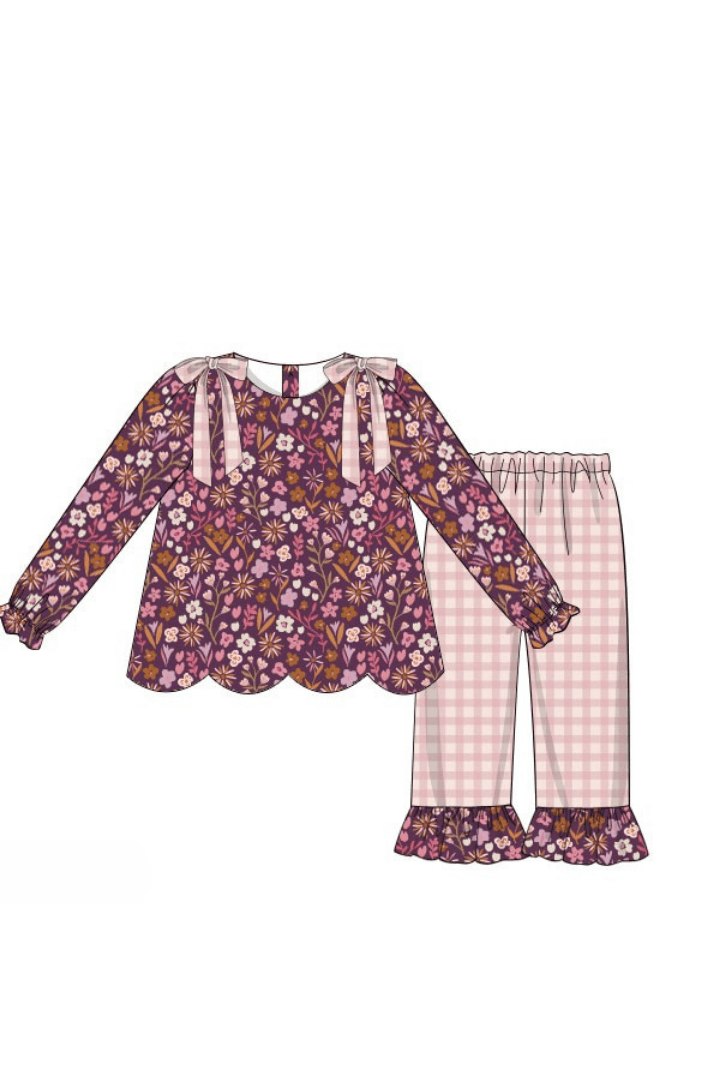 The Smocked Flamingo Apparel & Accessories Pre-Order Fall Floral Maroon Scalloped Gingham Pant Set