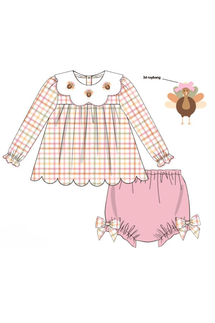 The Smocked Flamingo Apparel & Accessories Pre-Order Fall Pink Plaid Turkey Bloomer Set