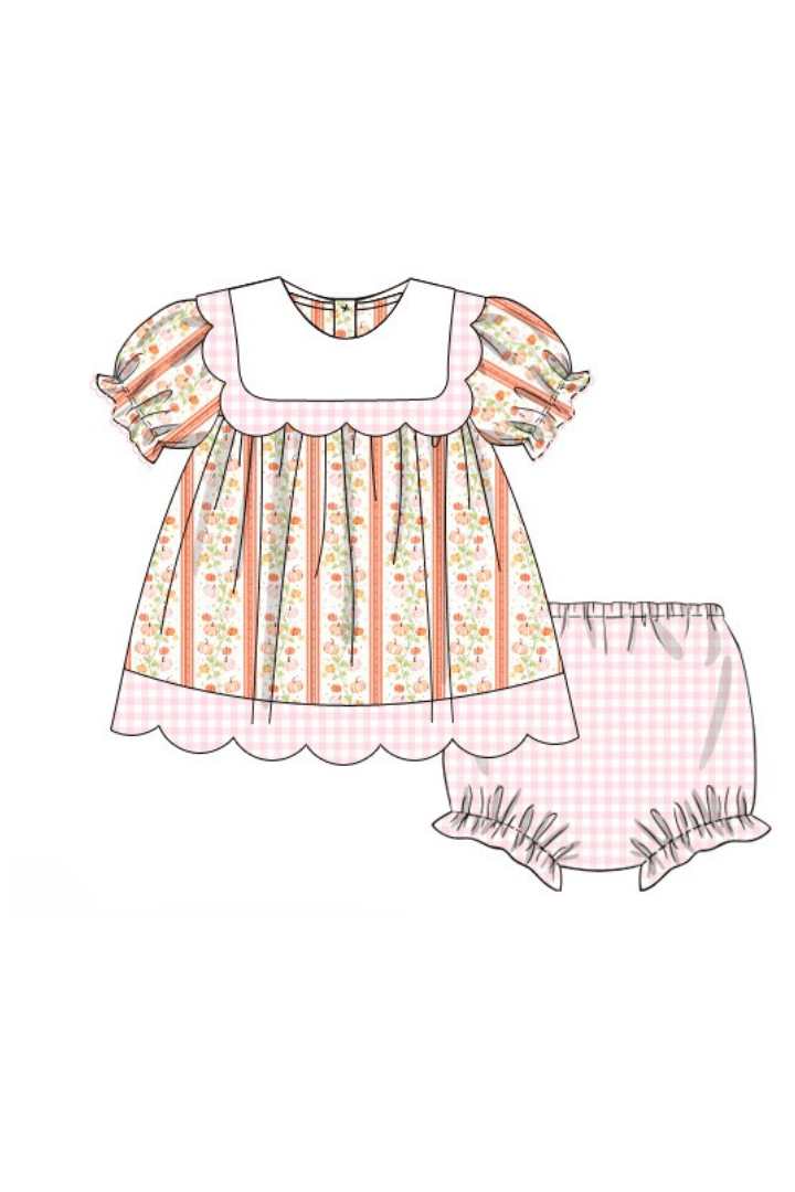 The Smocked Flamingo Apparel & Accessories Pre-Order Fancy Pumpkin Pink Gingham Scalloped Bloomer Set