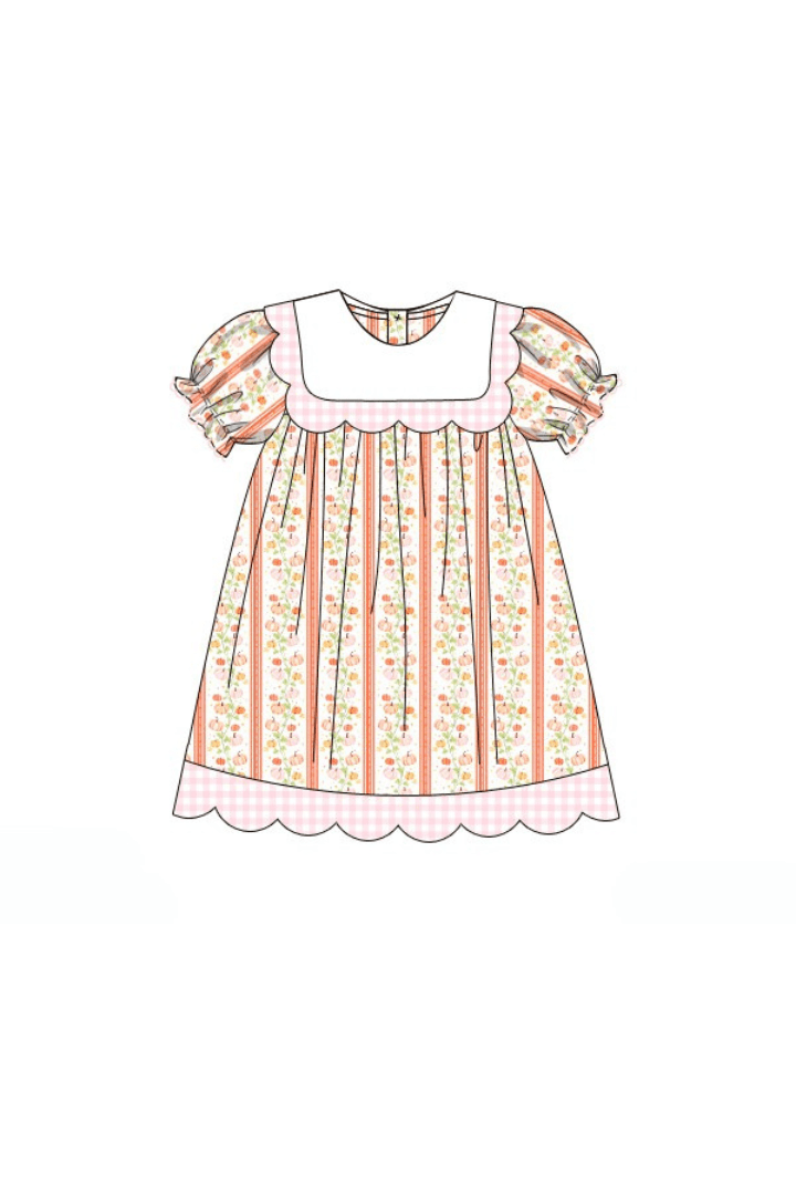 The Smocked Flamingo Apparel & Accessories Pre-Order Fancy Pumpkin Pink Gingham Scalloped Dress