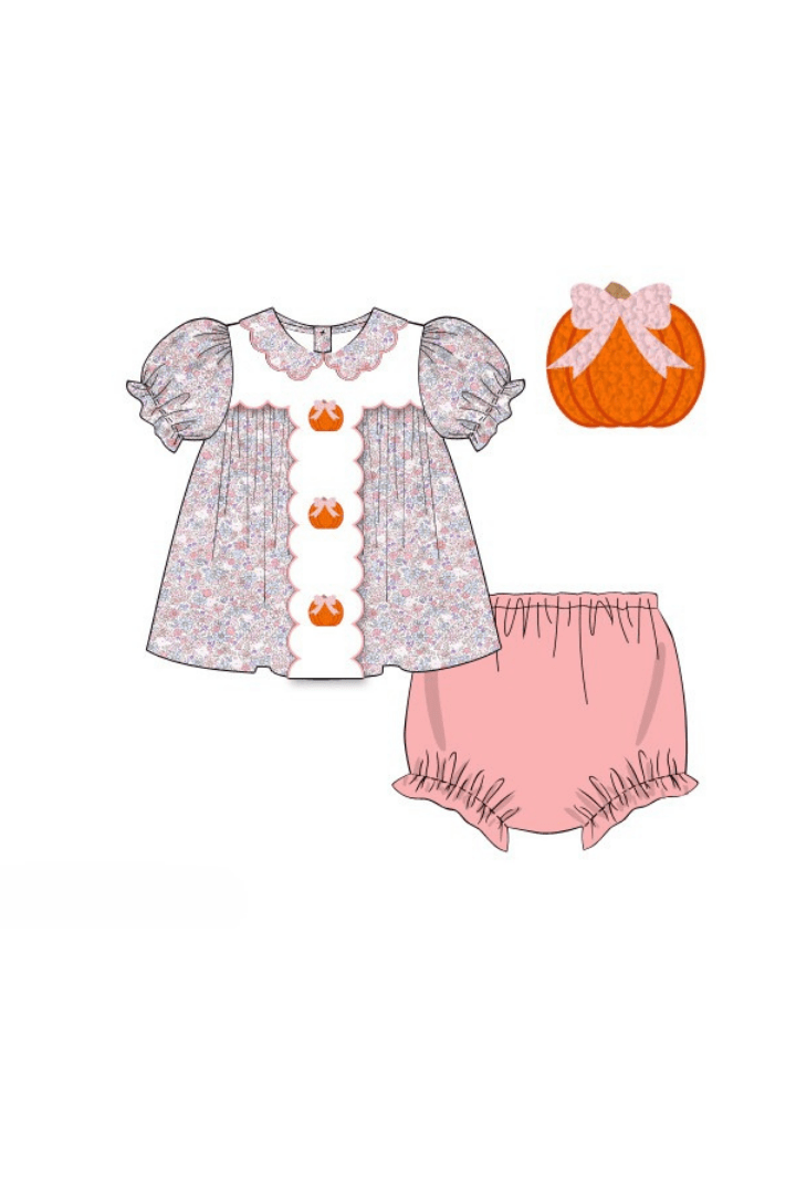 The Smocked Flamingo Apparel & Accessories Pre-Order Floral Bow Pumpkin Bloomer Set