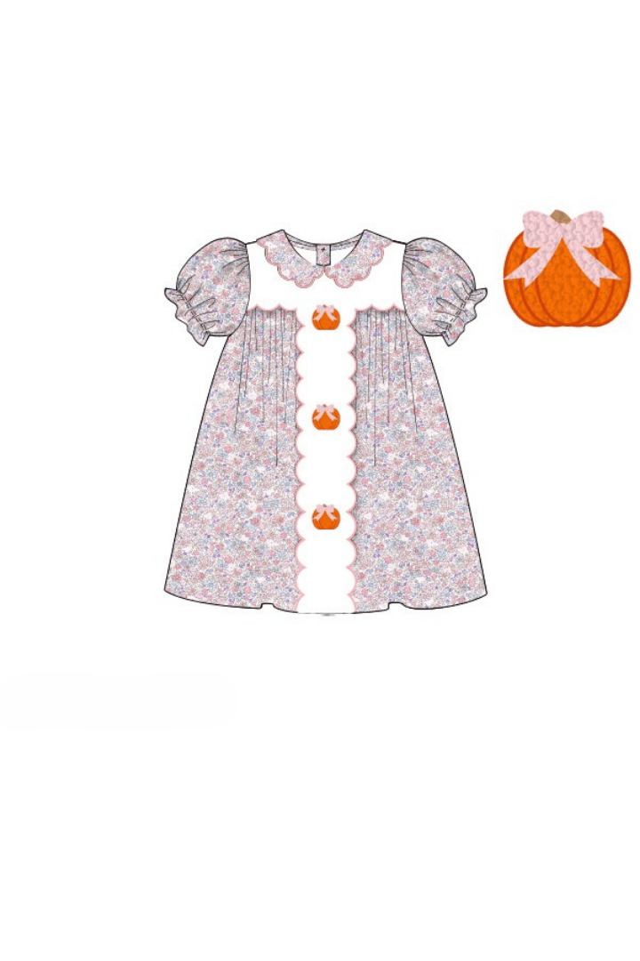 The Smocked Flamingo Apparel & Accessories Pre-Order Floral Pink Bow Pumpkin Dress