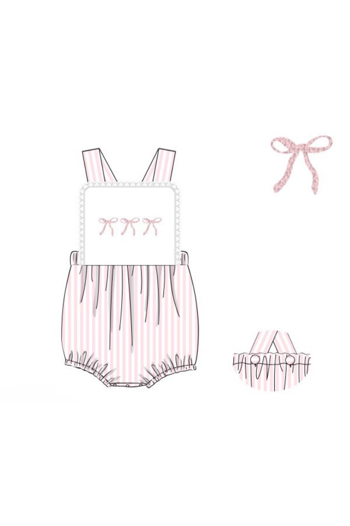 The Smocked Flamingo Apparel & Accessories Pre-Order French Knot Bow Pink Stripe Sunsuit