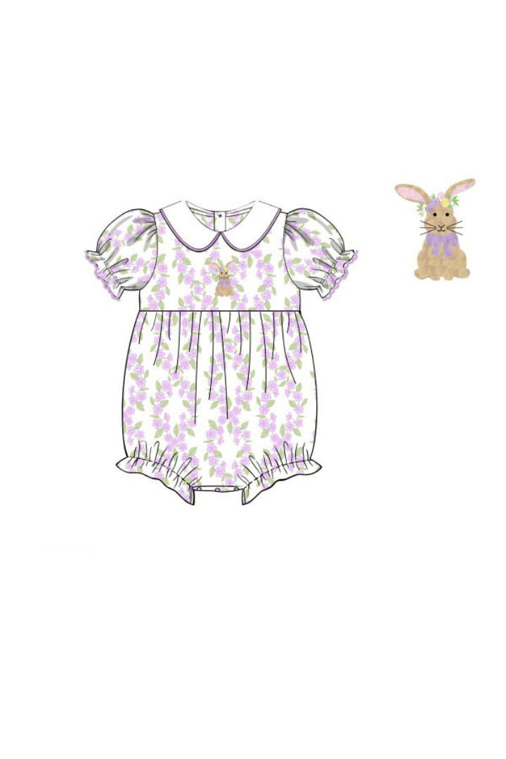 The Smocked Flamingo Apparel & Accessories Pre-Order French Knot Bunny Removable Tab Lavender Floral Bubble