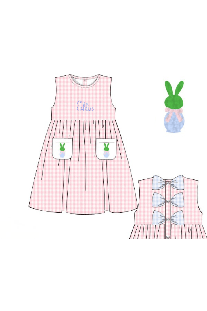 The Smocked Flamingo Apparel & Accessories Pre-Order French Knot Bunny Topiary Pink Gingham Dress