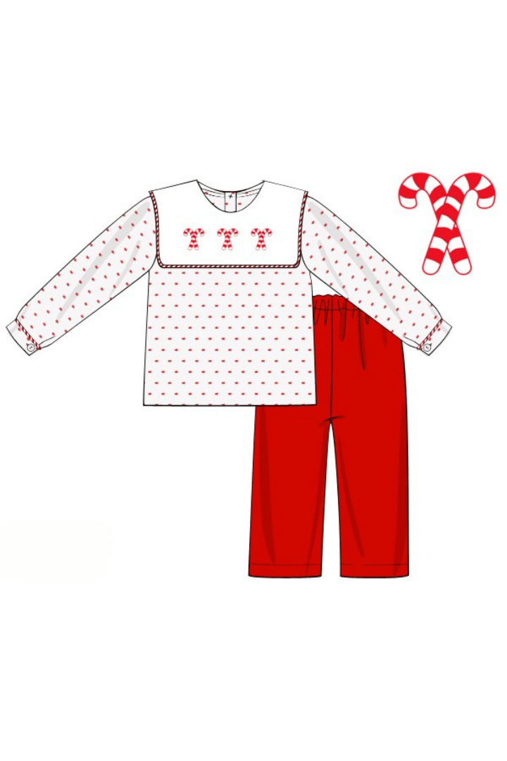The Smocked Flamingo Apparel & Accessories Pre-Order French Knot Candy Cane Swiss Dot Bib Pant Set