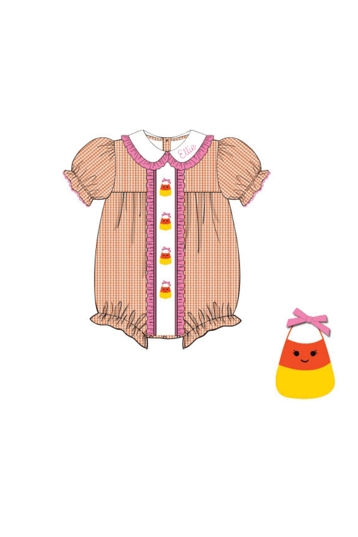 The Smocked Flamingo Apparel & Accessories Pre-Order French Knot Candy Corn Orange Gingham Ruffle Bubble