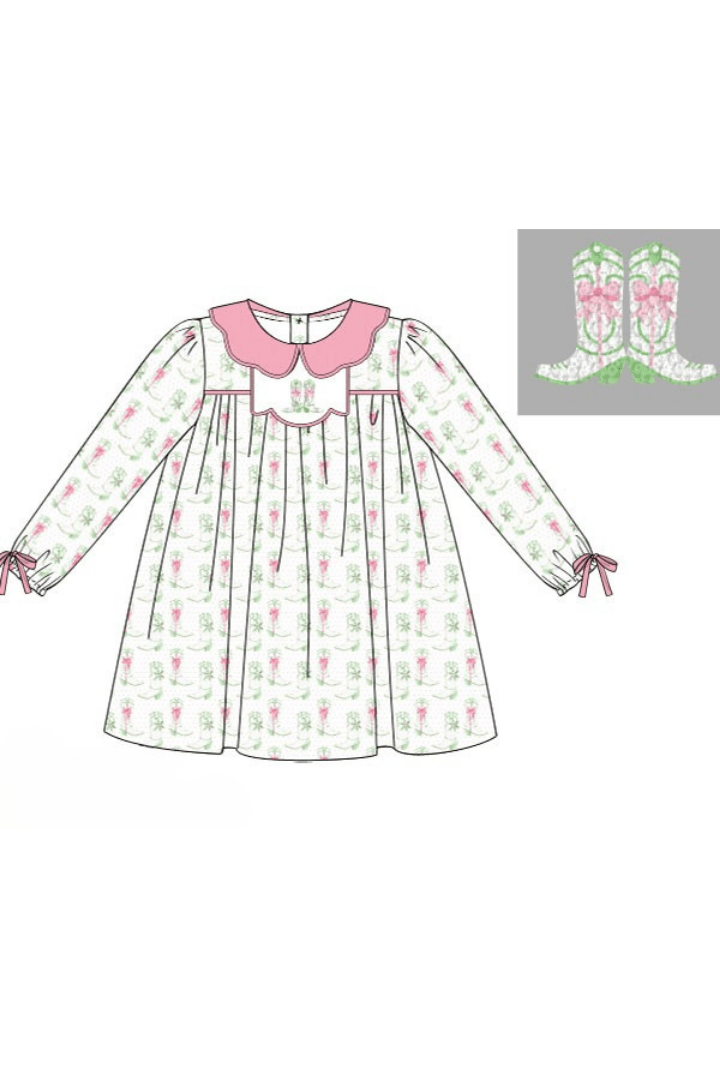 The Smocked Flamingo Apparel & Accessories Pre-Order French Knot Christmas Boots Pink Corduroy Dress