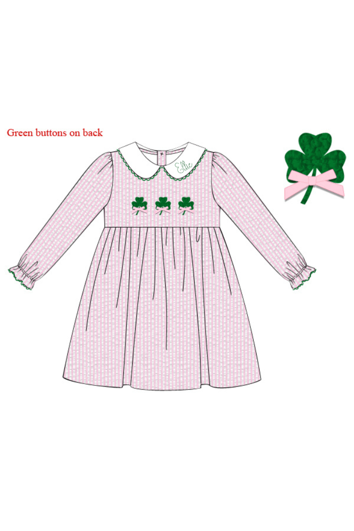 The Smocked Flamingo Apparel & Accessories Pre-Order French Knot Clover Pink Seersucker Dress