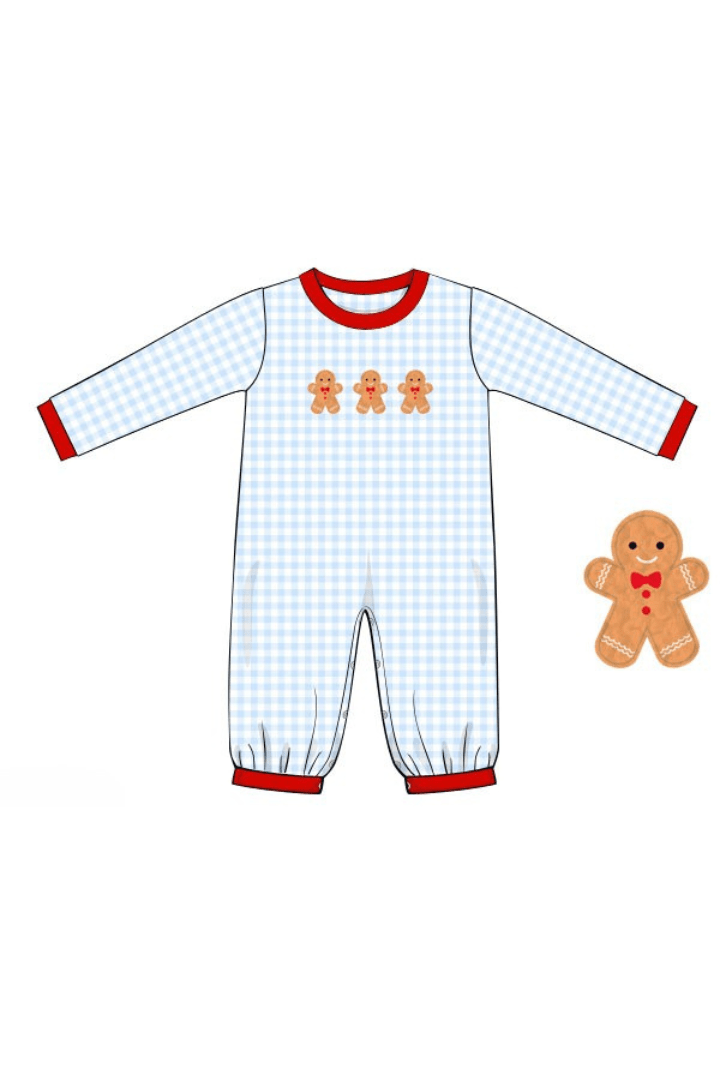 The Smocked Flamingo Apparel & Accessories Pre-Order French Knot Gingerbread Blue Gingham Romper