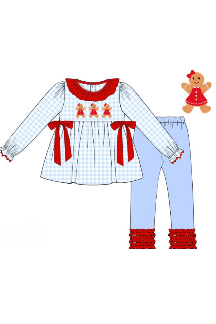 The Smocked Flamingo Apparel & Accessories Pre-Order French Knot Gingerbread Blue Gingham Ruffle Pant Set