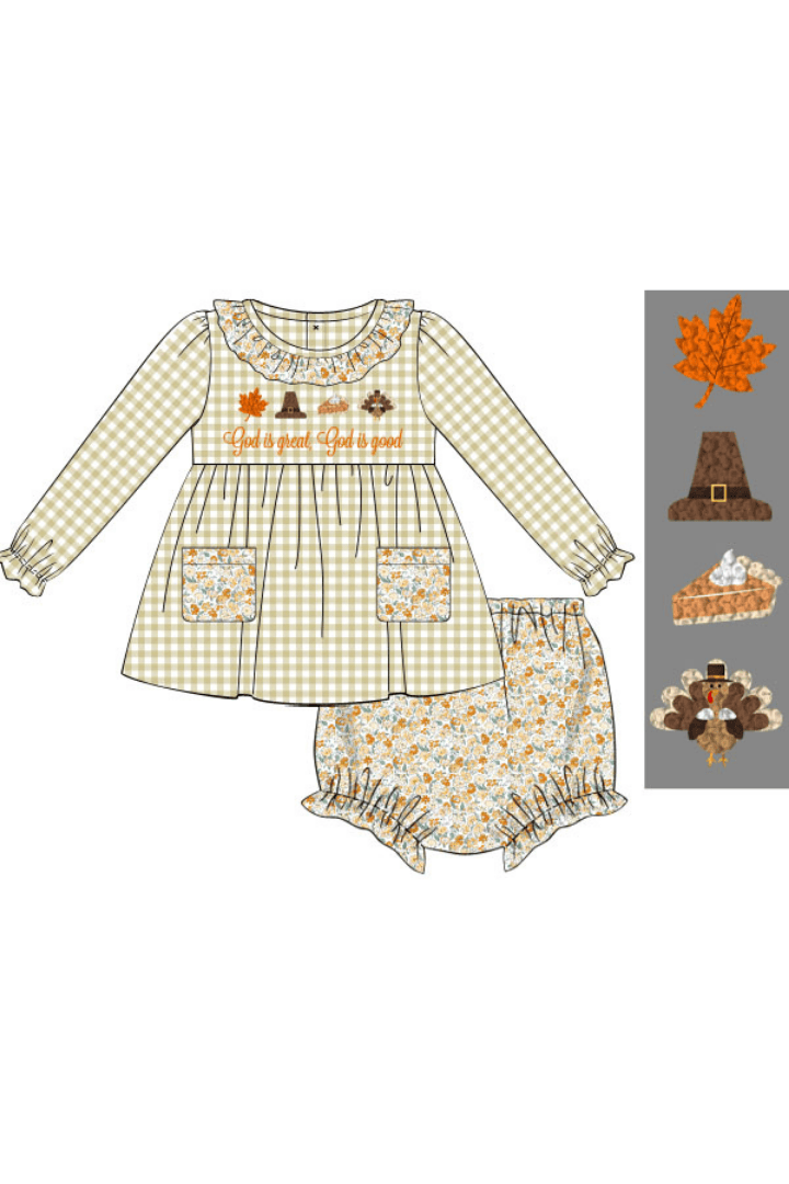 The Smocked Flamingo Apparel & Accessories Pre-Order French Knot God is Great, God is Good Floral Bloomer Set
