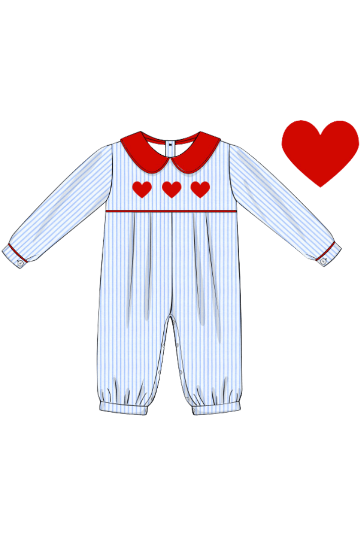 The Smocked Flamingo Apparel & Accessories Pre-Order French Knot Heart Blue Pinstripe Romper