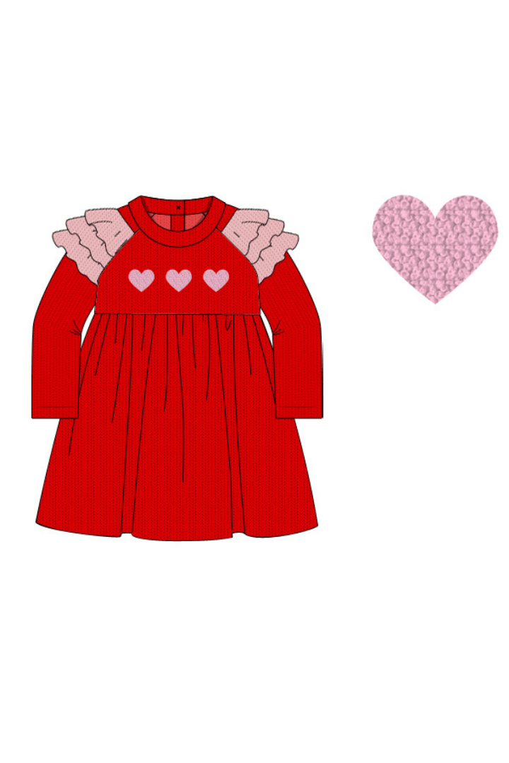 The Smocked Flamingo Apparel & Accessories Pre-Order French Knot Heart Red and Pink Cardigan Ruffle Dress