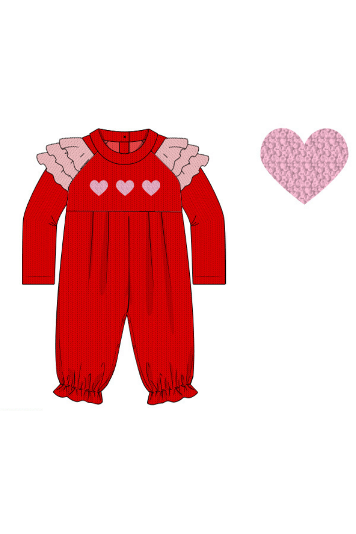 The Smocked Flamingo Apparel & Accessories Pre-Order French Knot Heart Red and Pink Cardigan Ruffle Romper