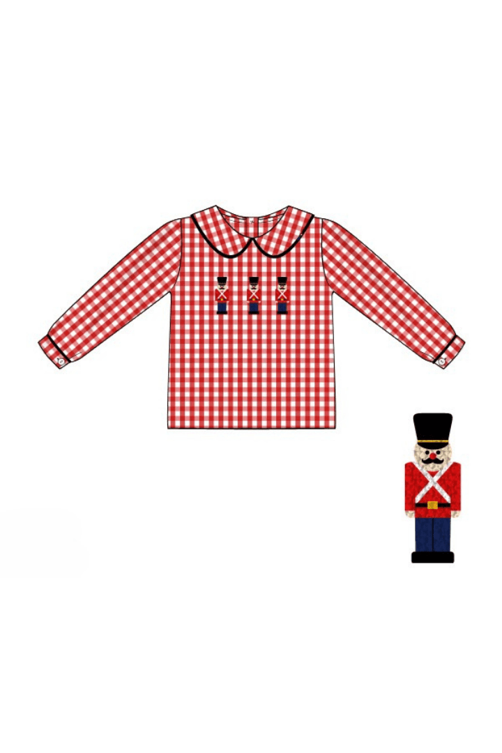 The Smocked Flamingo Apparel & Accessories Pre-Order French Knot Nutcracker Red Gingham Long Sleeve Shirt