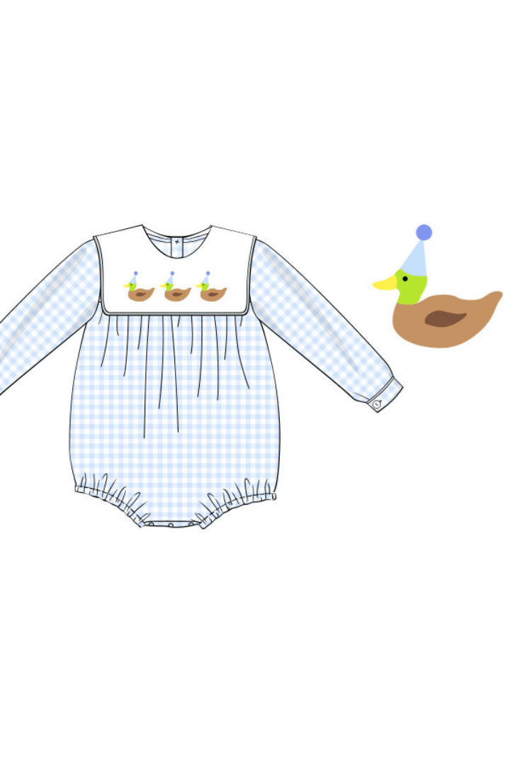 The Smocked Flamingo Apparel & Accessories Pre-Order French Knot Party Duck Blue Gingham Long Sleeve Bubble