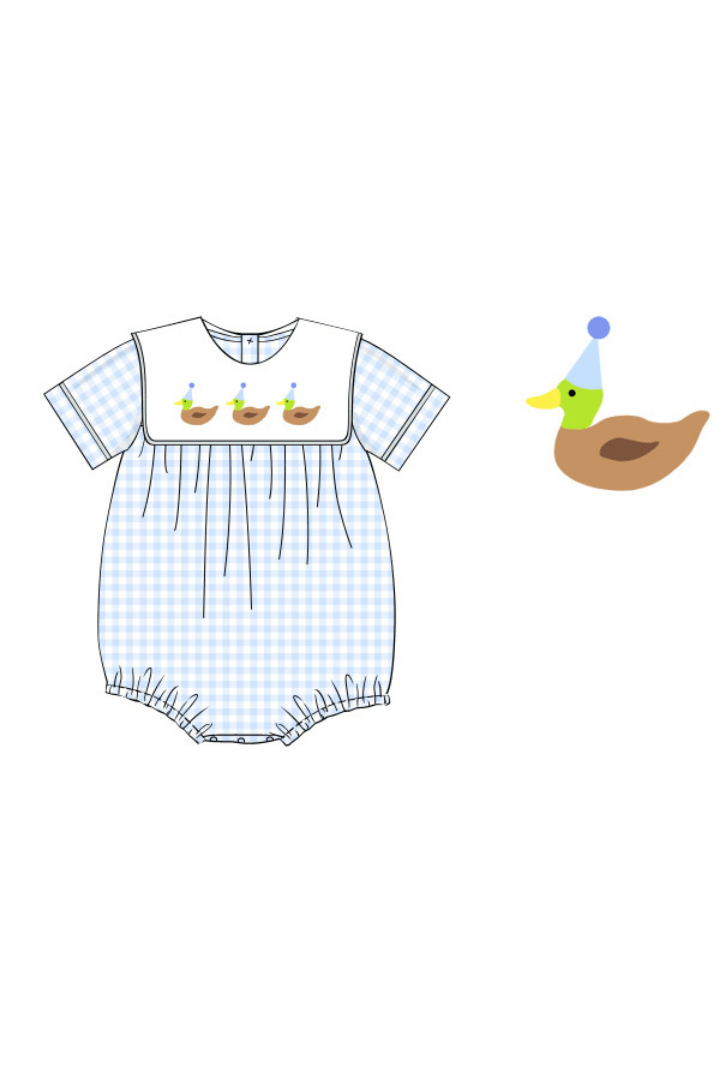 The Smocked Flamingo Apparel & Accessories Pre-Order French Knot Party Duck Blue Gingham Short Sleeve Bubble
