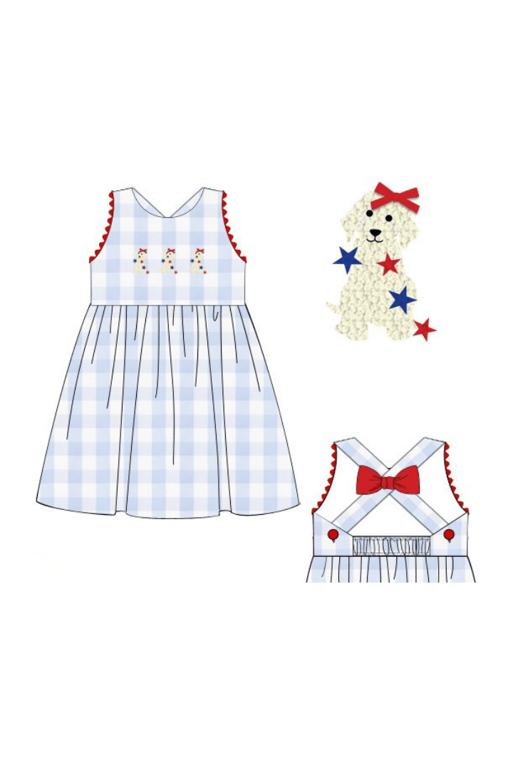 The Smocked Flamingo Apparel & Accessories Pre-Order French Knot Patriotic Puppy Blue Buffalo Check Bow Dress
