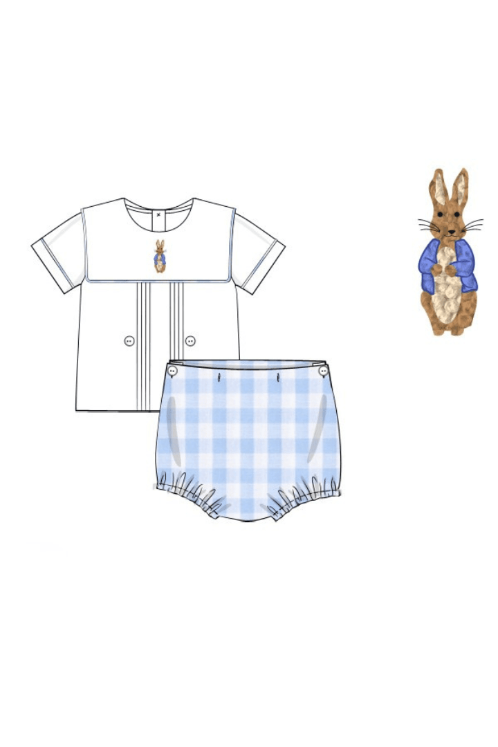 The Smocked Flamingo Apparel & Accessories Pre-Order French Knot Peter Rabbit Blue Buffalo Check Diaper Set
