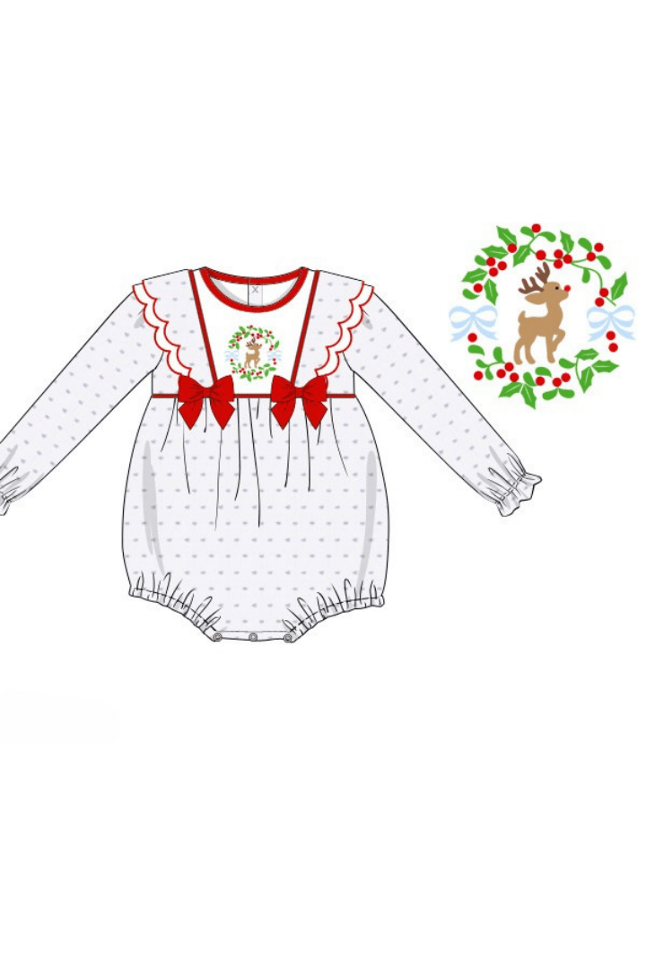 The Smocked Flamingo Apparel & Accessories Pre-Order French Knot Reindeer Swiss Dot Bubble