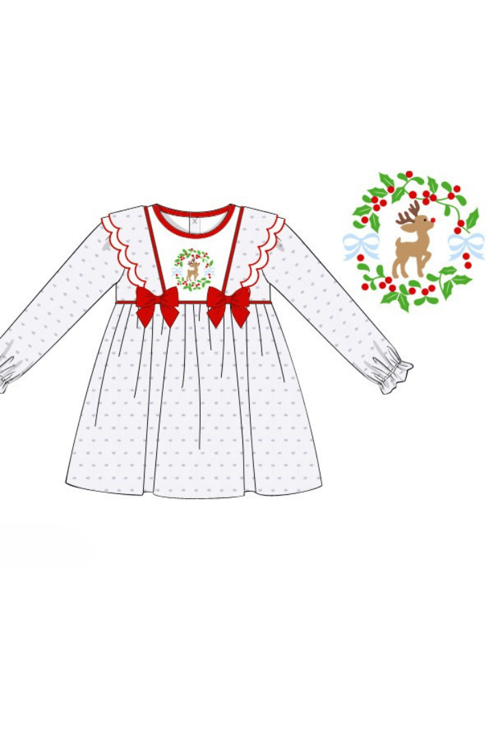The Smocked Flamingo Apparel & Accessories Pre-Order French Knot Reindeer Swiss Dot Dress
