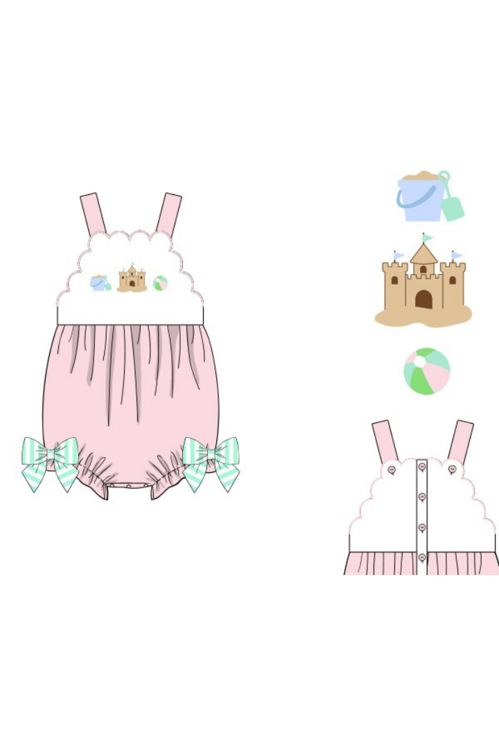 The Smocked Flamingo Apparel & Accessories Pre-Order French Knot Sand Castle Fun Mint/Pink Stripe Bubble