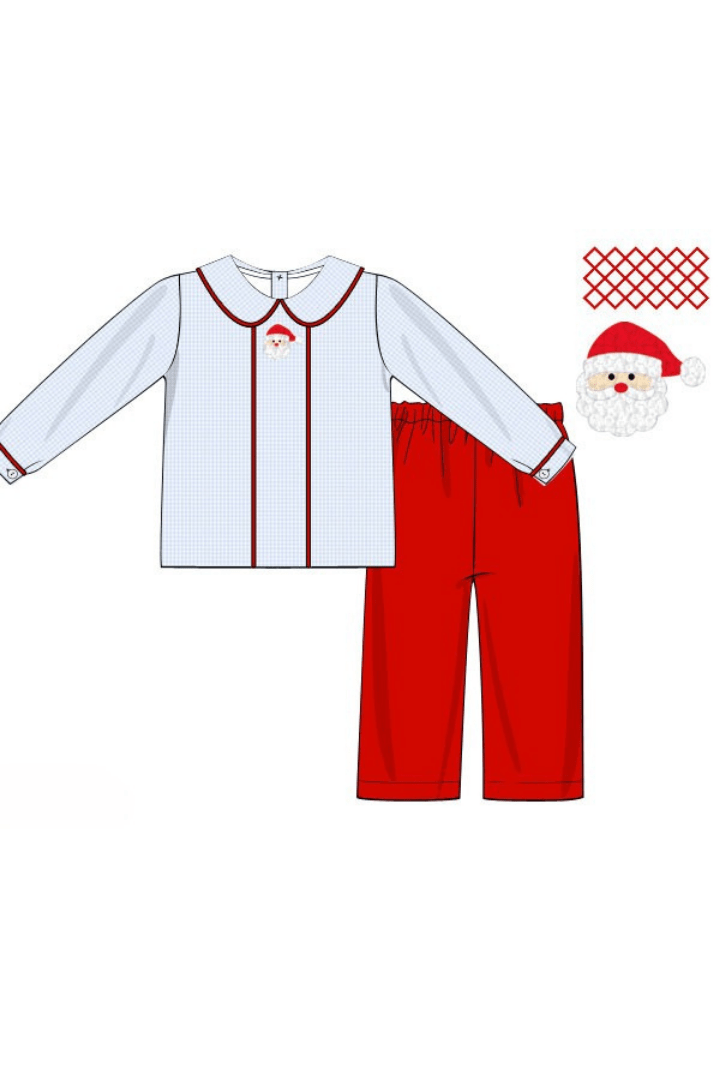 The Smocked Flamingo Apparel & Accessories Pre-Order French Knot Santa Blue Gingham Pant Set