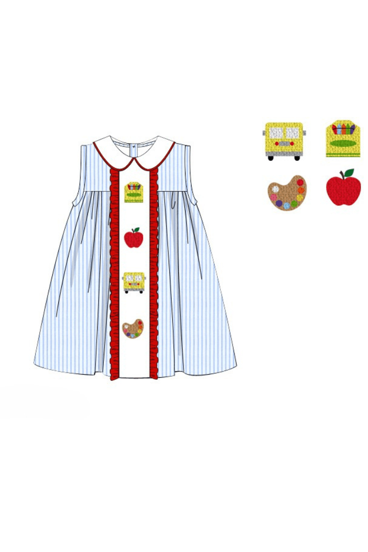 The Smocked Flamingo Apparel & Accessories Pre-Order French Knot School Blue Pinstripe Red Ruffle Dress