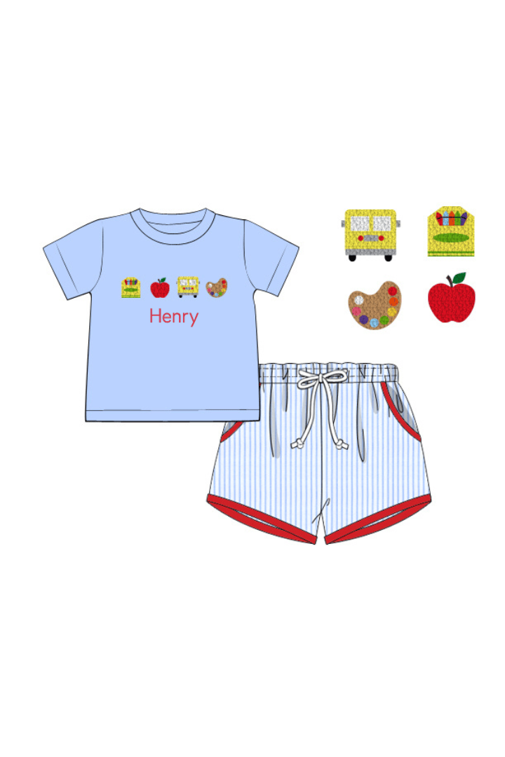 The Smocked Flamingo Apparel & Accessories Pre-Order French Knot School Supplies Blue Pinstripe Short Set