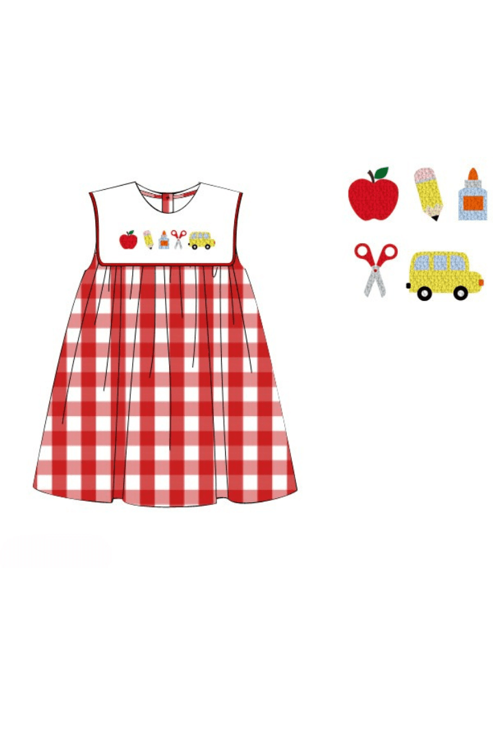 The Smocked Flamingo Apparel & Accessories Pre-Order French Knot School Supplies Red Gingham Dress