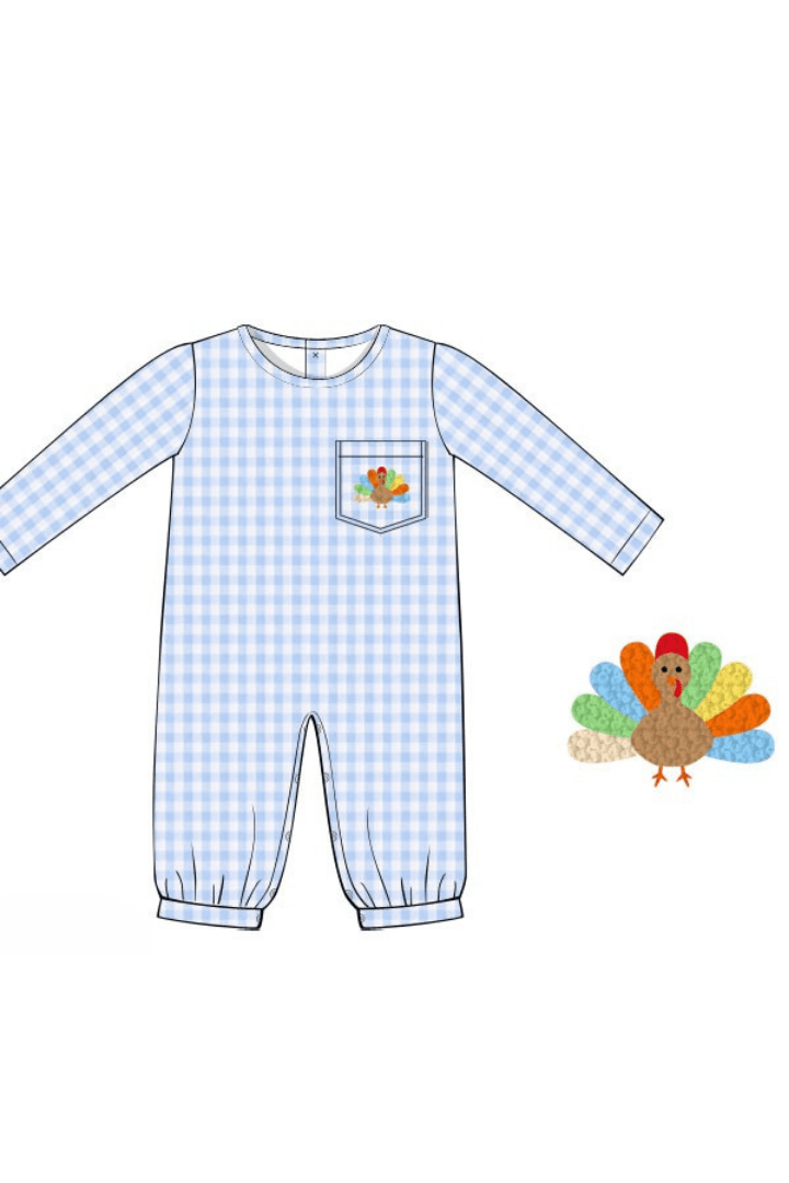 The Smocked Flamingo Apparel & Accessories Pre-Order French Knot Turkey Blue Gingham Romper